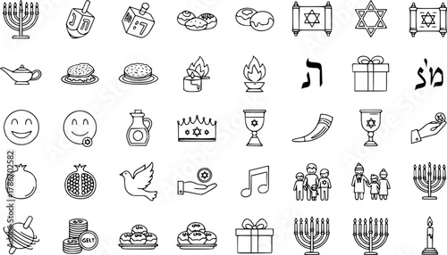 Jewish Holiday line icons set. Hanukkah and Judaica symbols collection. Menorah, Dreidel, Torah, Star of David. Outline vector illustration.