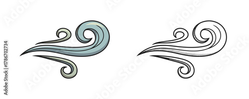 Stylized illustrations of wind or air currents, one in light blue and grey colors, and the other as a detailed black and white sketch
