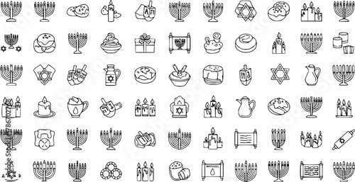 Hanukkah Celebration Line Art Icons Set. Collection of Hand-Drawn Jewish Holiday Symbols: Menorah, Dreidel, Sufganiyot, Candles, Star of David, Torah Scroll. Vector Outline Elements.