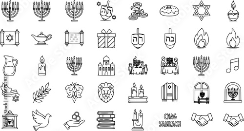 Hanukkah and Jewish Holiday Line Art Icons Set. Traditional symbols like menorahs, dreidels, Torah scrolls, oil lamps, gifts, and other celebration elements.