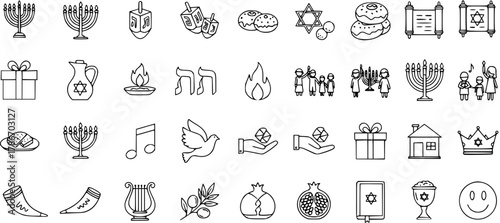 Jewish Holidays and Culture Line Icons Set: Hanukkah, Rosh Hashanah, Shabbat Symbols, Menorah, Dreidel, Torah, Star of David, Family