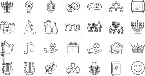 Jewish Holidays and Traditions Outline Icons Set. Hanukkah, Rosh Hashanah, Shabbat, Passover Symbols. Line Art Collection.