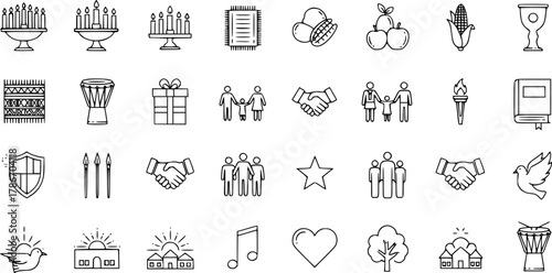 Kwanzaa Line Icons Set. Vector outline symbols of African American holiday celebration, family, community, traditions, and culture.