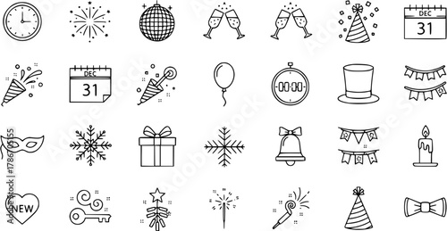 New Year's Eve Celebration and Winter Holiday Line Art Icons Set