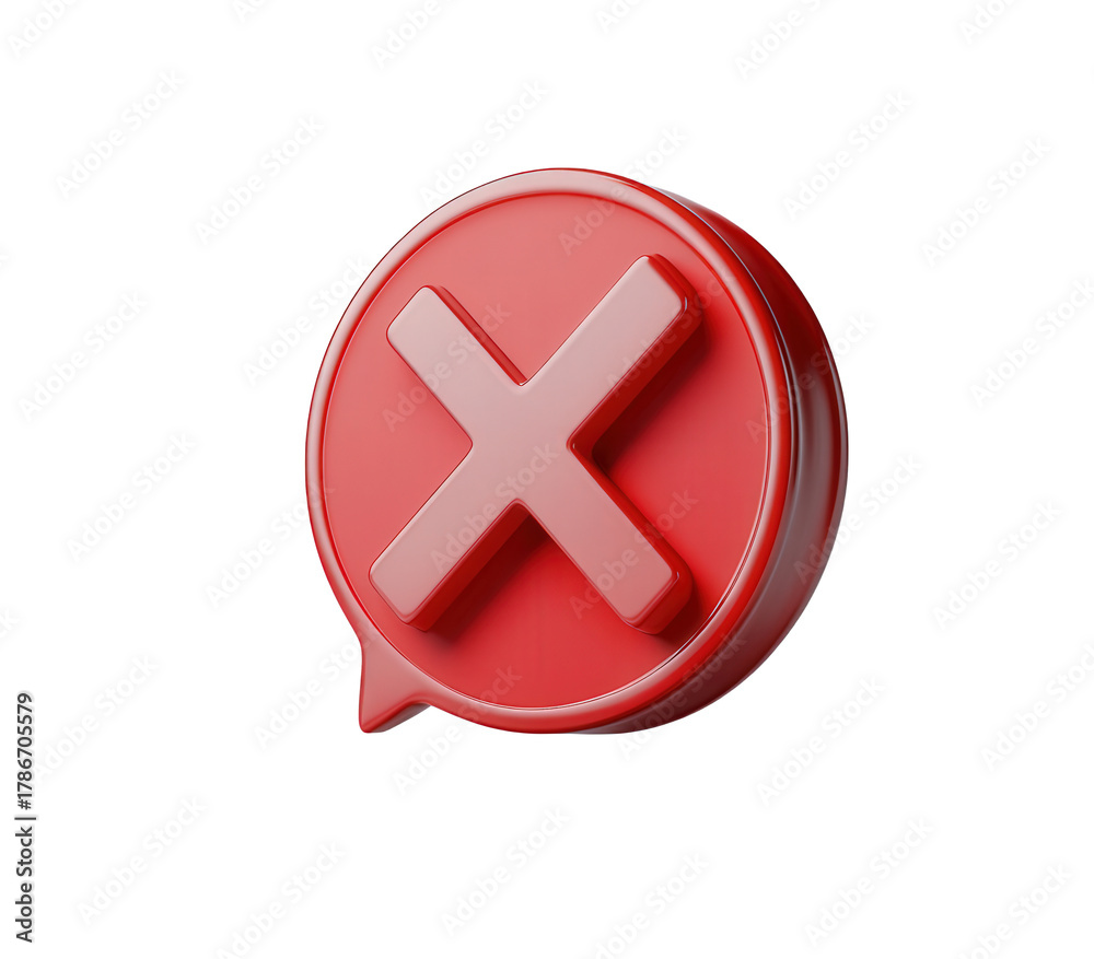 Obraz premium A glossy red speech bubble with a bold cross symbol, isolated on transparent background, suggesting cancellation, error, or a negative response in a digital interface