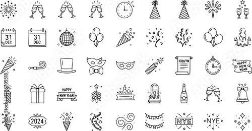 New Year's Eve Line Icons Set. Celebration Party Symbols: Fireworks, Champagne, Clock, Calendar, Hats, Masks, Confetti, Bells, 2024, NYE, Resolutions.