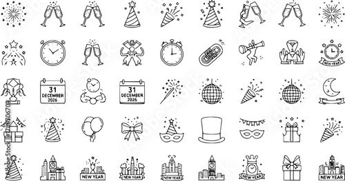 New Year's Eve Celebration Party Hand Drawn Line Icons Collection with Holiday Elements and Symbols