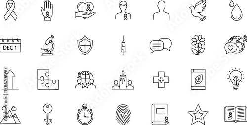 World AIDS Day Line Icon Set: Awareness Symbols for Support, Prevention, and Remembrance