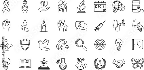 AIDSHIV Awareness Line Art Icon Set: Support, Prevention, Research  Solidarity