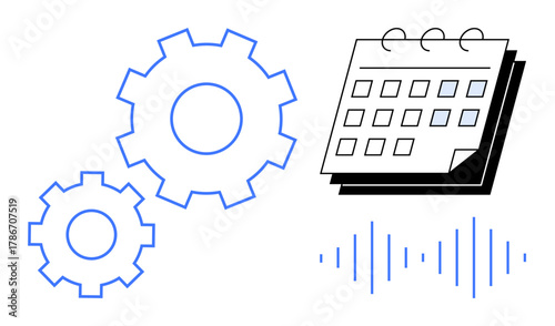 Interlocking gears, a calendar, and a soundwave represent workflow, time management, and communication. Ideal for productivity, planning, automation, collaboration teamwork technology