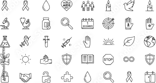 AIDS Awareness Icon Set: Line Art Symbols for Prevention, Research, and Support