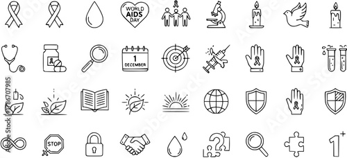 Set of Outline Icons on Theme of World AIDS Day, Prevention, Health, and Awareness