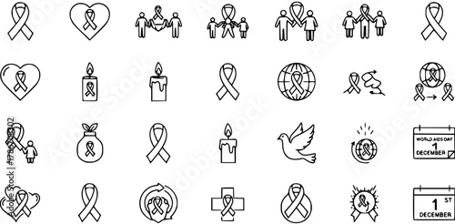 Collection of AIDS Awareness Icons: Ribbon, Heart, Globe, Candle, People, Dove and Calendar for World AIDS Day on December 1st