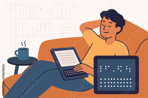 Blind Reader Enjoying Digital Braille E-Reader on Comfy Sofa