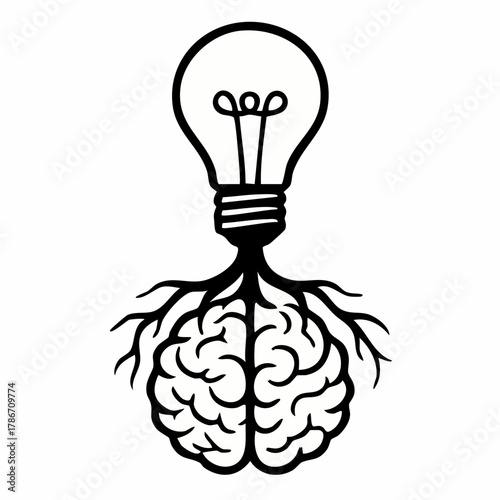 Abstract vector of a brain connected to a light bulb, representing ideas, inspiration, and creative thinking