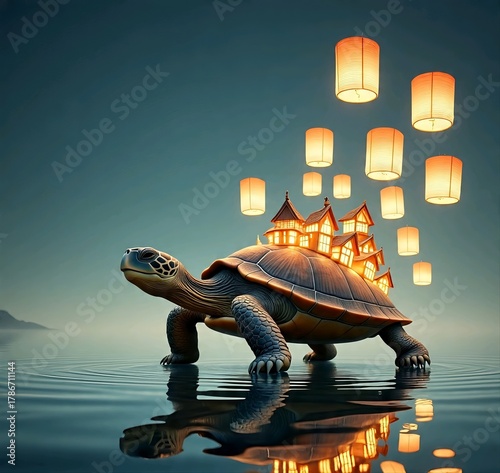 Turtle Carrying a Floating Lantern Village