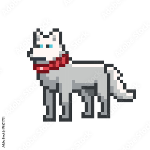 Pixel art wolf icon with blue eyes and red collar. Vector illustration