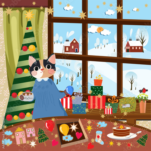 Morning. Christmas. Winter. Holiday. A cat unpacks presents, eats gingerbread cookies, cake, and drinks tea. Festive mood. Christmas tree with decorations. A Vector illustration.  cartoon. Vector  EPS