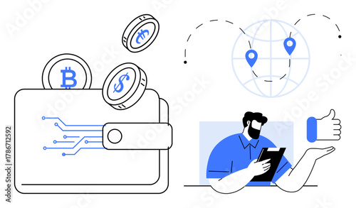 Wallet with coins, Bitcoin, and dollar alongside a man holding a tablet, thumbs-up symbol, and global network. Ideal for finance, blockchain, e-commerce, security fintech investment simple flat