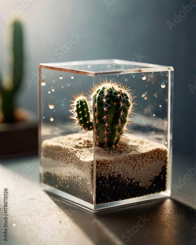 Cactus Suspended Inside a Glass Cube