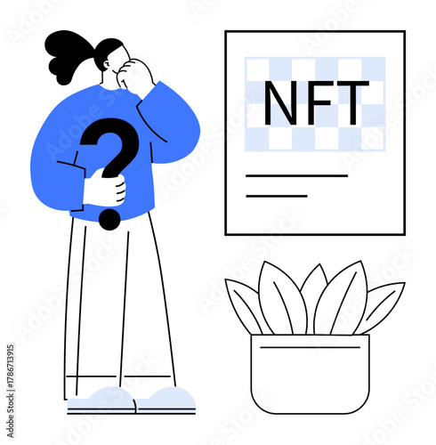 Person holding question mark, contemplating NFT framed artwork on wall. Potted plant for modern setting. Ideal for technology, digital art, blockchain, innovation, creativity, curiosity simple flat