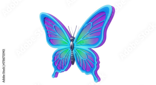 Vibrant iridescent butterfly with glowing neon blue and purple wings spread open isolated on transparent background