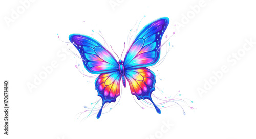 Vibrant iridescent butterfly with intricate wing patterns and glowing edges isolated on transparent background