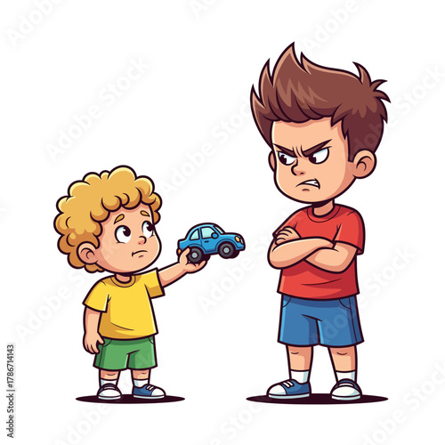 Jealous Child Refusing Toy Car Offered By Sibling, Cartoon Boy With Crossed Arms