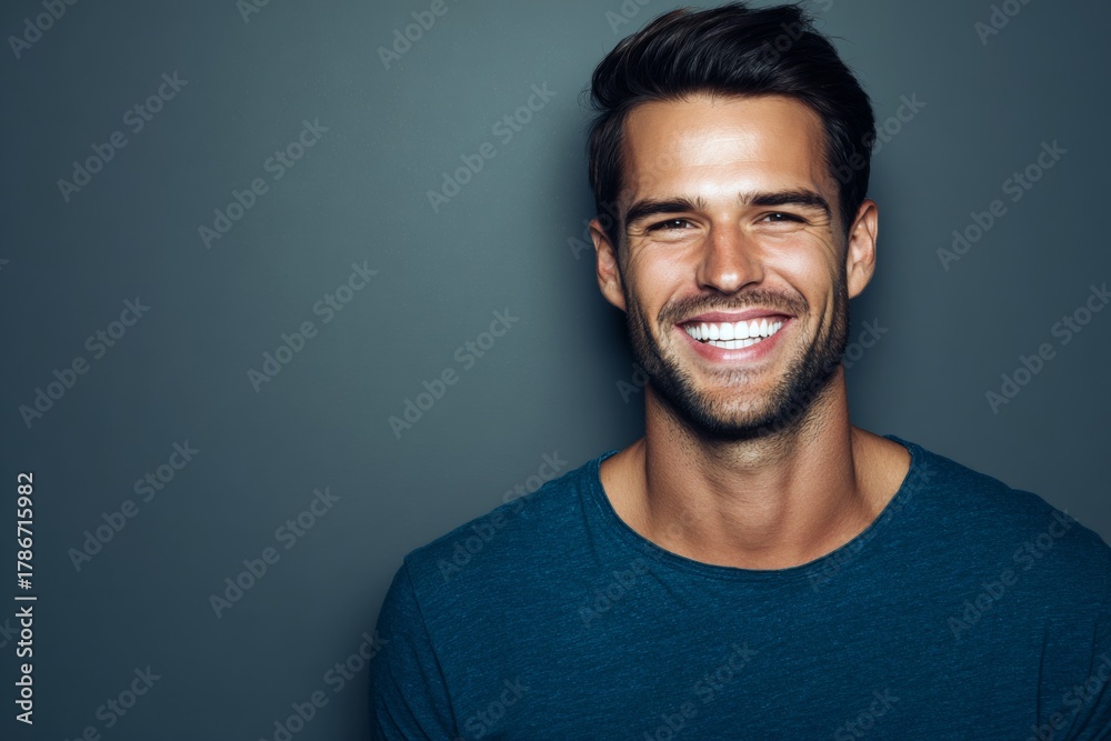 Obraz premium Bright and cheery: the effortless charm of a youthful portrait. Adventure poster. Cheerful young man in a blue tee, touch of artistic light on gray background. Drama poster. Poster graphics.