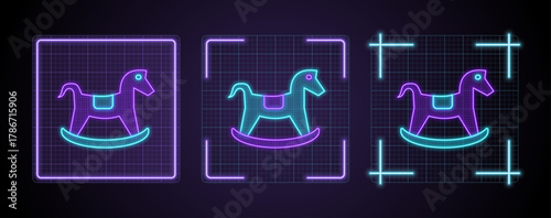 Horse ride toy icon illustration, cyber neon visual, glowing border grid vector.