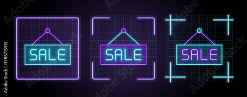 Sale sign icon illustration, cyber neon visual, glowing border grid vector.