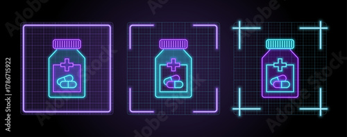 Drug pharmacy pill icon illustration, cyber neon visual, glowing border grid vector.
