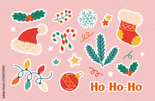 Cute Christmas sticker set. Hand drawn trendy flat style. Santa hat, stocking, candy cane, ornaments, snowflake, and lights. Perfect for holiday cards, decor, and digital designs. Vector illustration