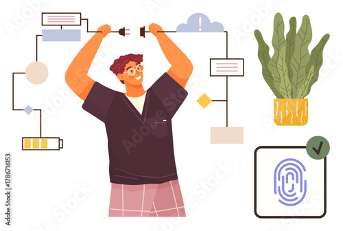 Man links system elements with plugs in a flowchart. Includes battery, fingerprint recognition, and plant decor. Ideal for technology, connectivity, innovation, teamwork, problem solving biometrics