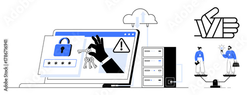 Hand holding key with digital lock, alert sign, server, cloud, scales balancing people. Ideal for security, privacy, technology, access control digital ethics trust simple flat metaphor