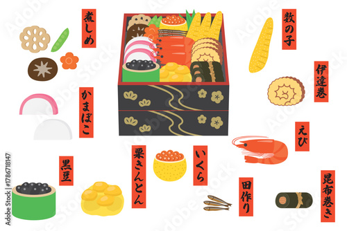 おせち　おせちの具　正月料理　イラスト素材　セット