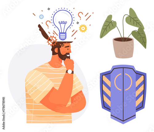 Thoughtful man with glowing lightbulb and gears, shield symbolizing security, nearby potted plant suggesting growth. Ideal for creativity, innovation, strategy, protection, mental health