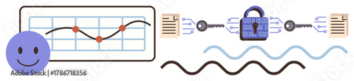 happy face near graph with data points, lock encrypting files, and wavy lines signaling flow. Ideal for analytics, data protection, cybersecurity, encryption, connectivity, efficiency