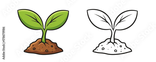 Stylized illustration of a small green seedling or sprout growing from a mound of brown soil, presented as both a color image and a black outline