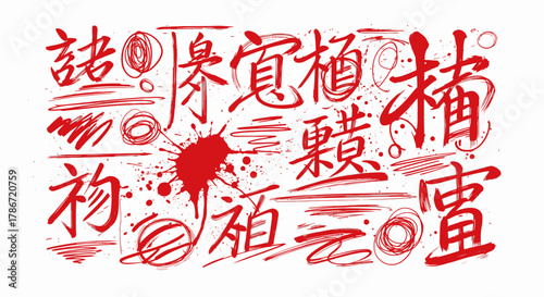 Expressive chinese calligraphy art with red ink splatters on white background