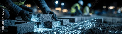 Panel kuchenny z motywem Collaborative construction: a team effort in urban development. Futuristic technology. Morning in motion: workers arranging concrete blocks with care. Cyber technology. Technology progress.