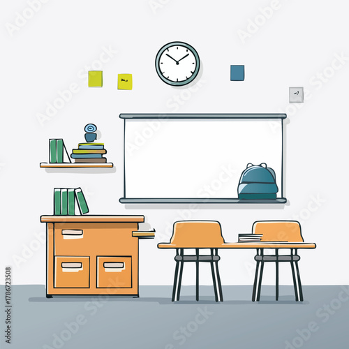 Modern classroom interior with desks, whiteboard, and clock