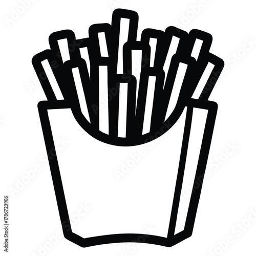 Delicious french fries in a carton, simple graphic icon for menus or promotions