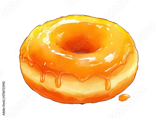 A delectable glazed donut isolated on transparent background, glistening with a sweet, golden caramel topping, tempting with its irresistible sugary goodness