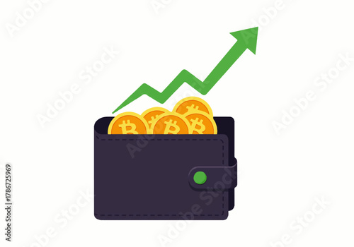 A wallet overflowing with gold Bitcoin coins and a green upward trending arrow symbolizing financial growth.