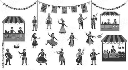 Festival scene with people dancing playing music and selling goods at stalls.