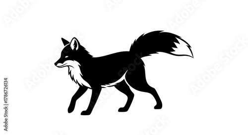 Stylized black fox with bushy tail standing alert on a white background isolated on white background