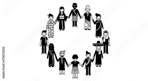 Diverse group of people holding hands in a circle representing unity and diversity.