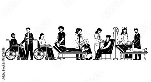 Diverse group of medical professionals caring for patients in various healthcare settings.
