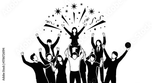 Triumphant Business Team Celebrating Success with Confetti and Raised Arms.